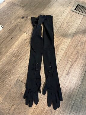 Real kid Long Black Opera Gloves with Button Detail size 6
